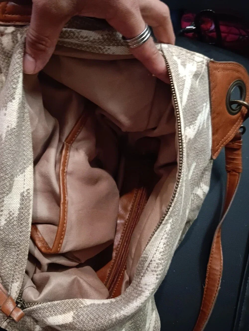 Vintage Lucky Brand Beige Canvas Hobo with Brown Leather Trim